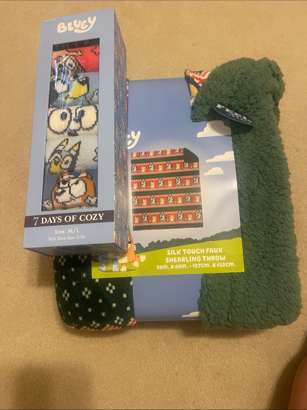 Kids Bluey Socks (kids 3-10) AND Bluey Green Faux Sherpa Throw Blanket